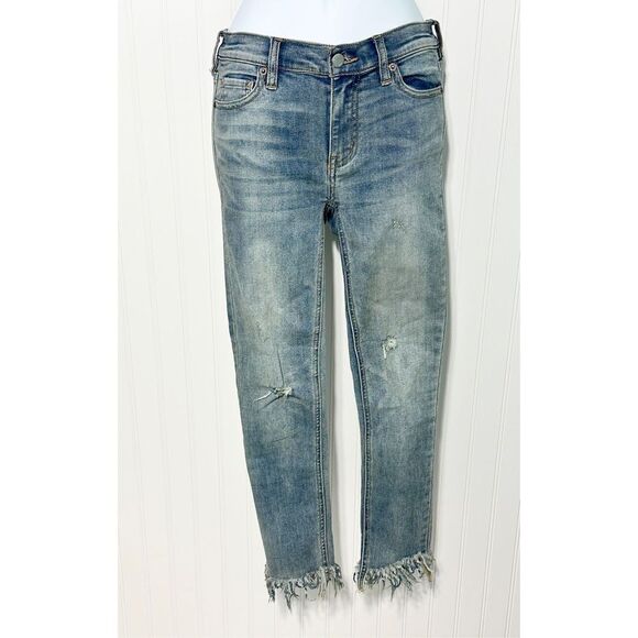 Free People Frayed Hem Distressed‎ Mid Rise Skinny Jeans Blue Stonewash Size 24 - Picture 1 of 11